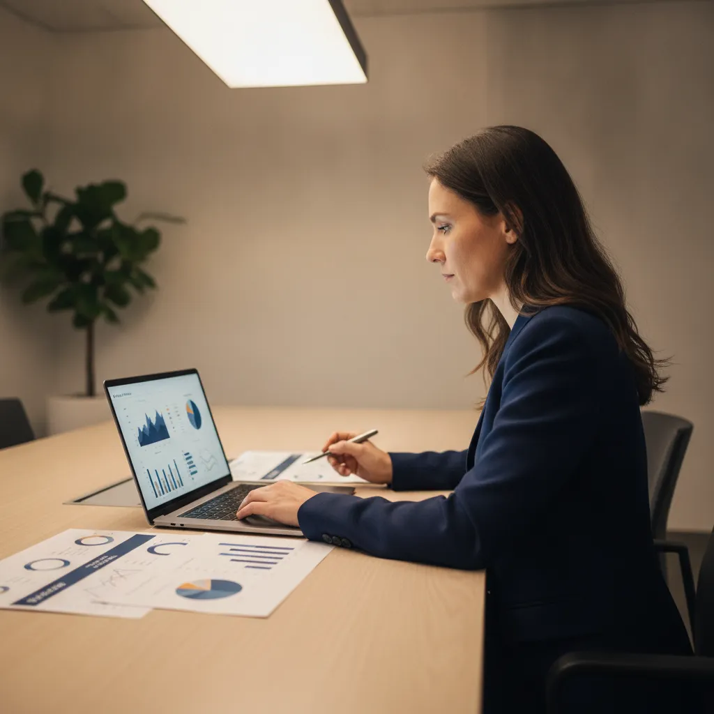 Executivo analisando relatórios de prospecção e métricas em laptop durante reunião de negócios