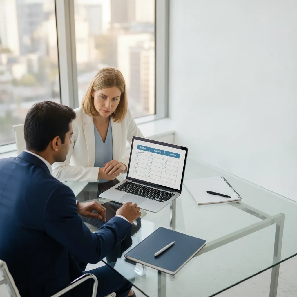 Dois profissionais em reunião de qualificação de leads com framework BANT em tela de laptop em escritório moderno