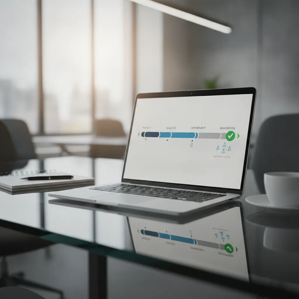 Dashboard de funil de vendas B2B em laptop com leads qualificados em diferentes estágios de prospecção