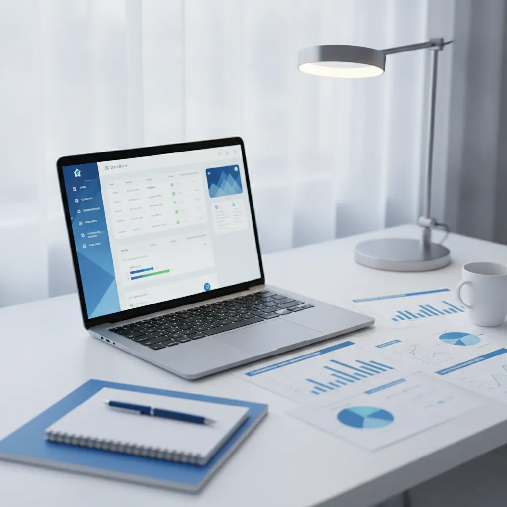 Dashboard de enriquecimento de dados em laptop com gráficos de conversão sobre mesa profissional