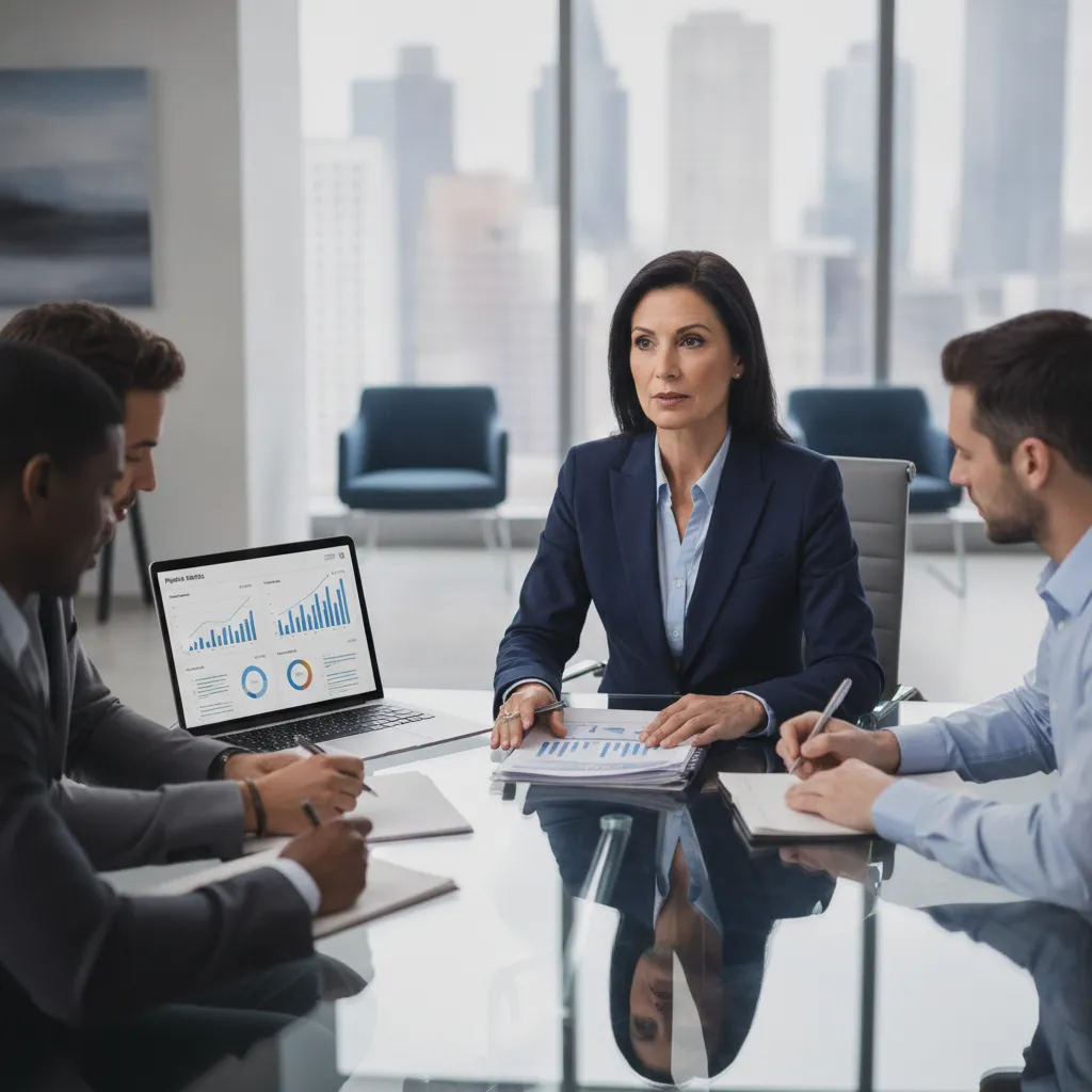 Diretor comercial analisando métricas de pipeline em reunião B2B com equipe em sala de conferência moderna