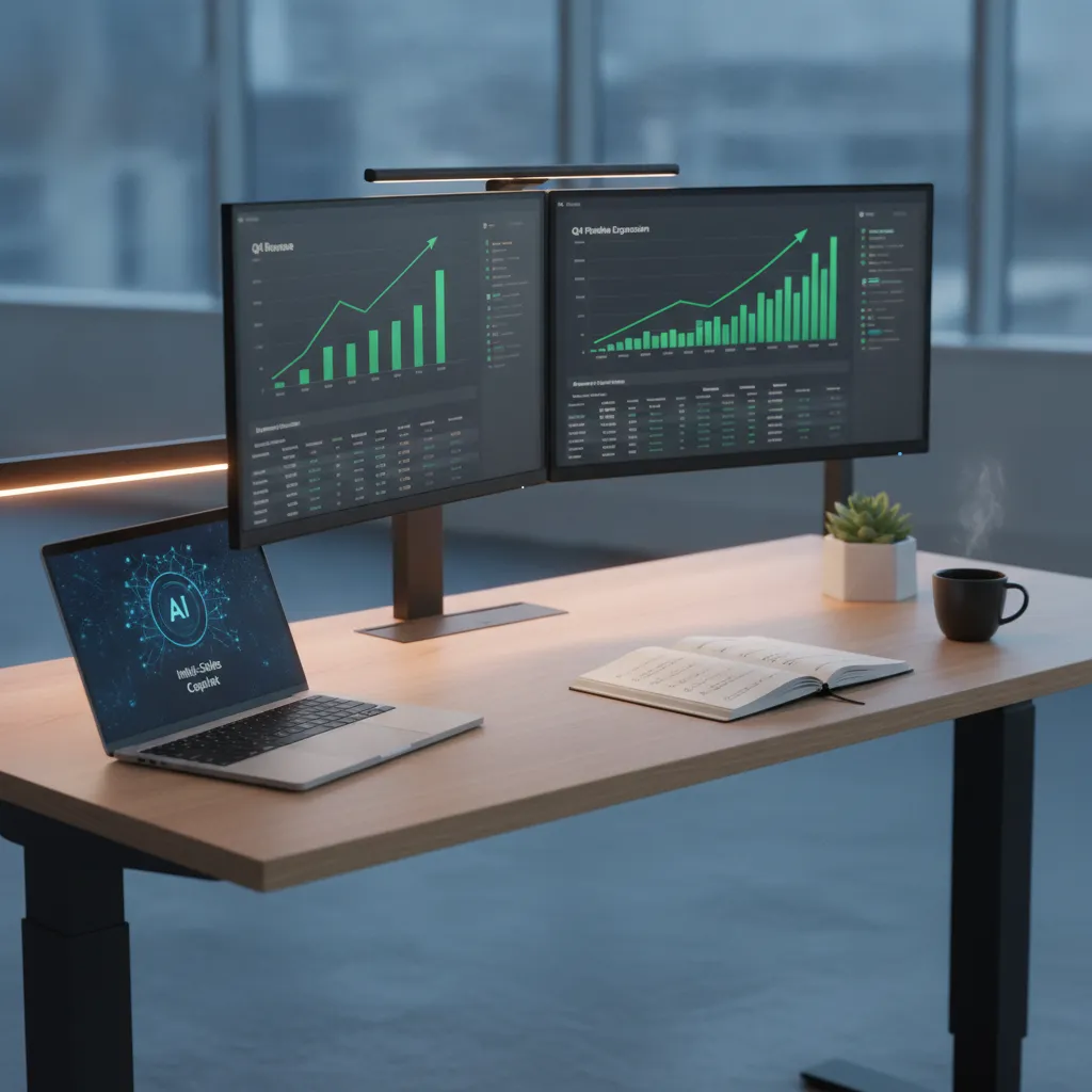 Operação de prospecção B2B com dashboards de IA em monitores, anotações de prospect e ambiente profissional organizado