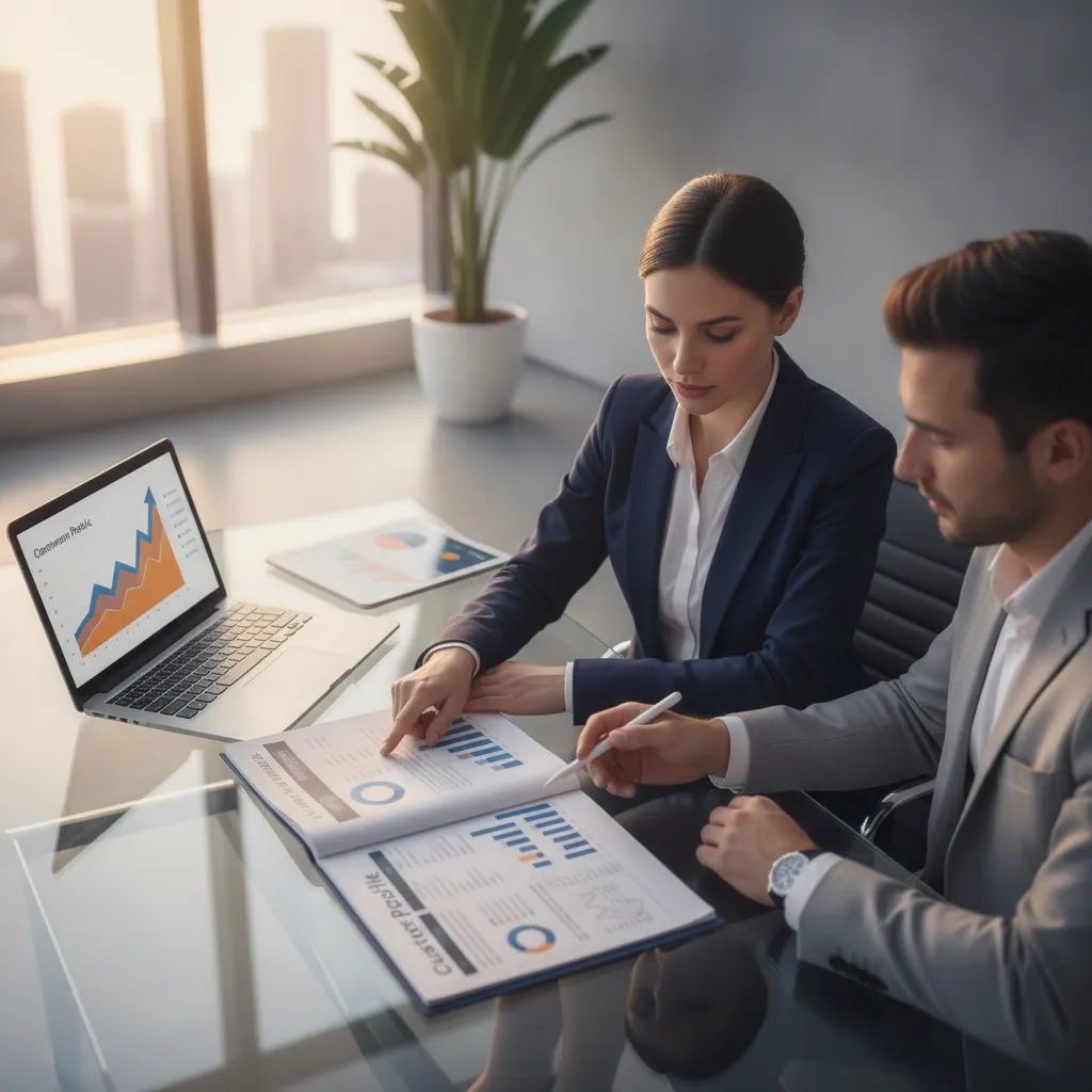Executivos analisando perfil de cliente ideal em mesa de vidro com laptop e tablets exibindo métricas de conversão