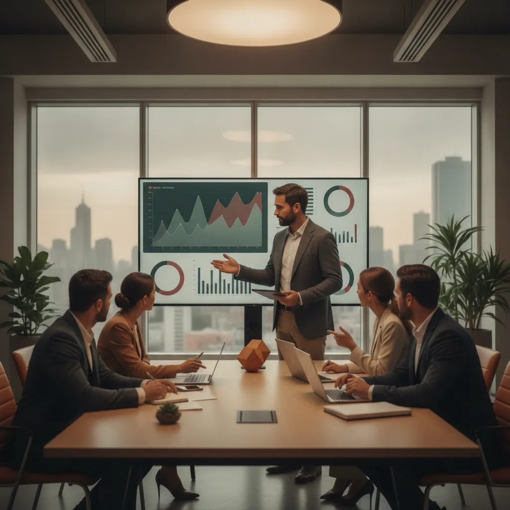 Equipe de vendas B2B analisando métricas de qualificação de leads em dashboard executivo durante reunião estratégica