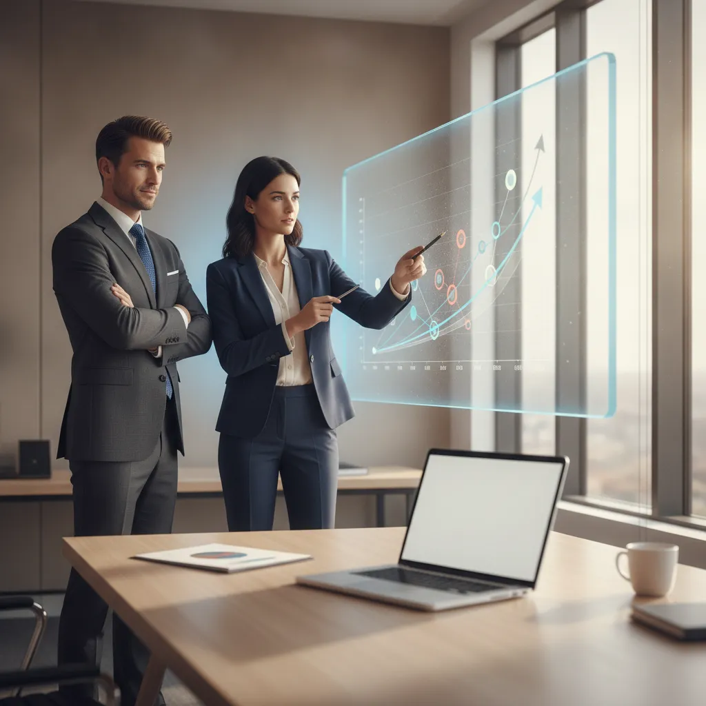 Executivos analisando pipeline de vendas B2B em tela de computador com gráficos de leads qualificados em escritório moderno