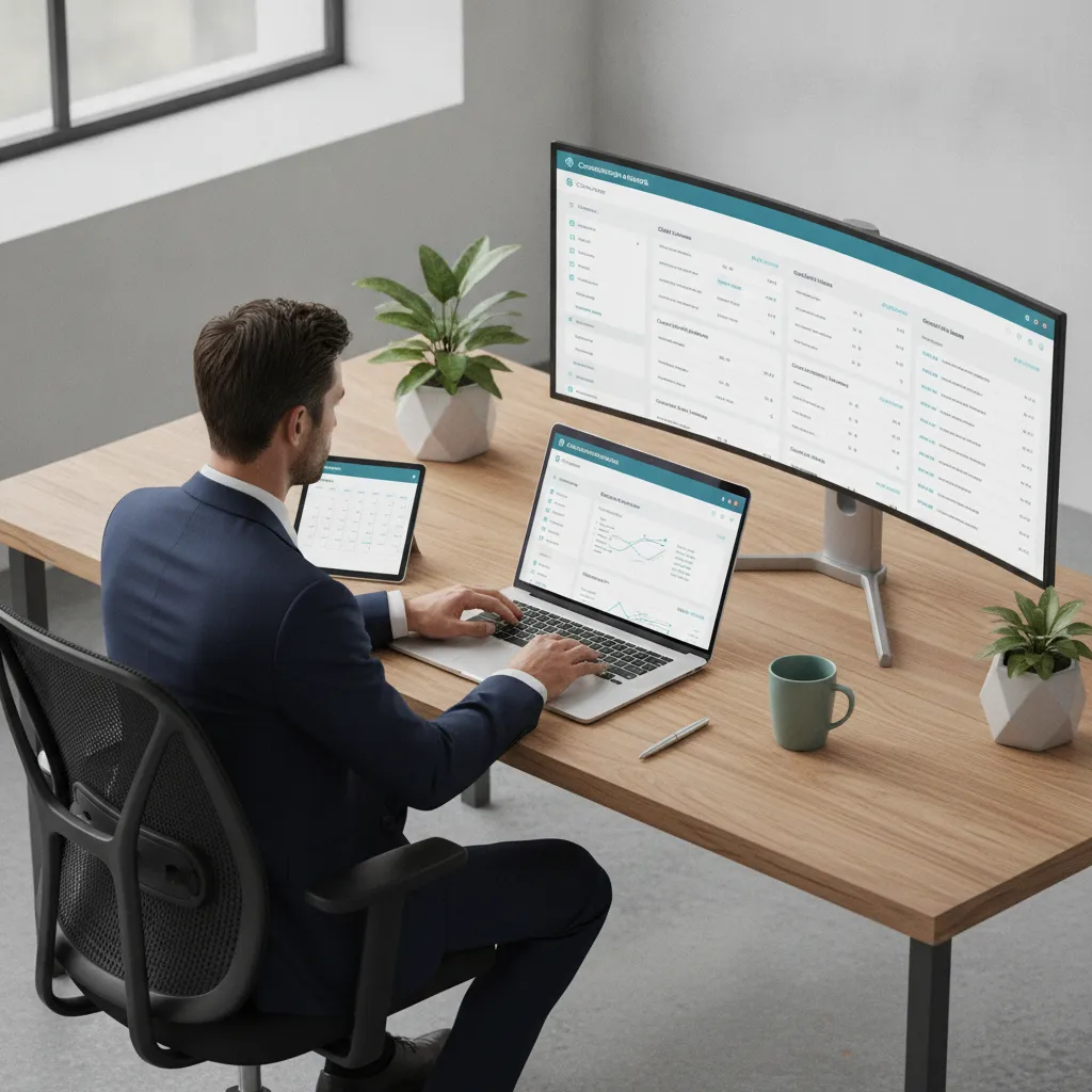 Diretor comercial analisando dashboard de prospecção B2B em laptop, ambiente corporativo profissional com CRM visível