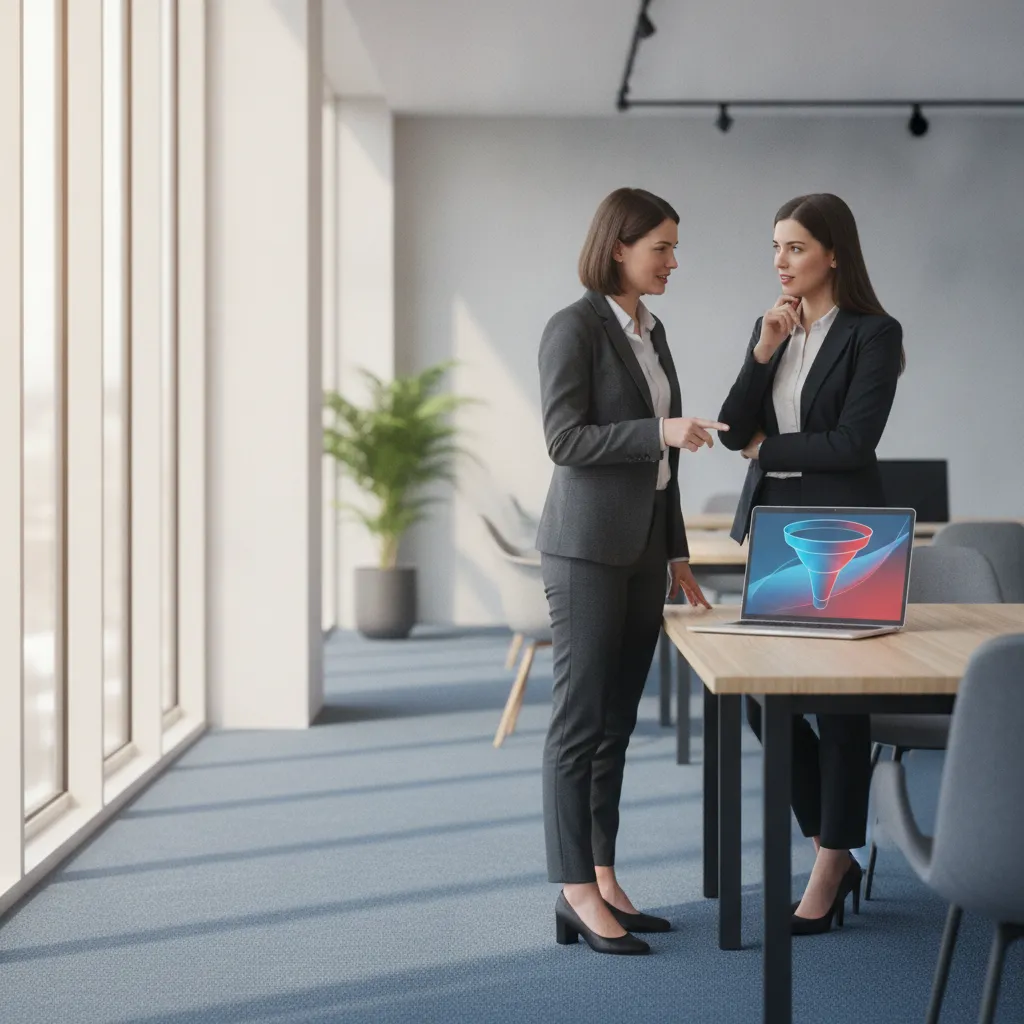Gestor comercial analisando métricas de funil de vendas em dashboard, apontando para gráfico de gargalo com SDR e closer em whiteboard ao fundo