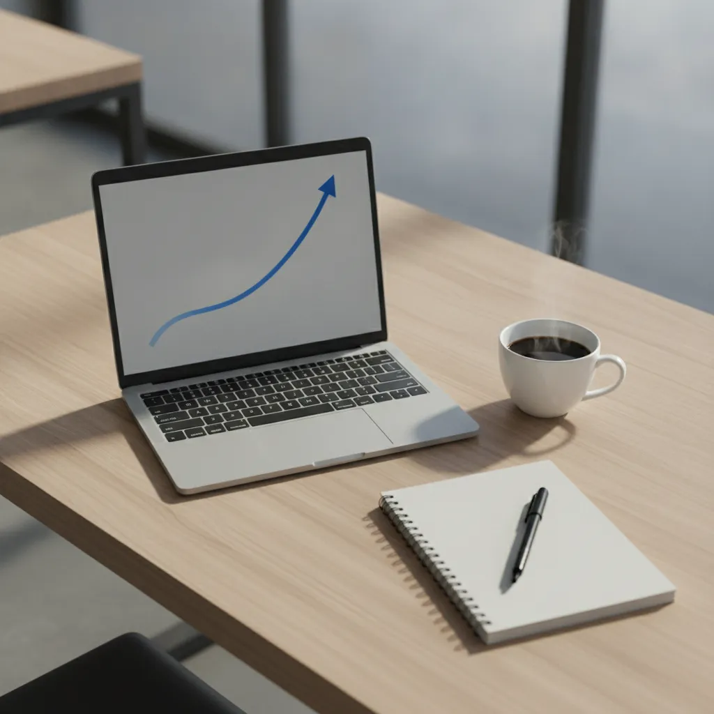 Gestor B2B analisando métricas de prospeccão em laptop com relatórios impressos e gráficos de comparação mês a mês sobre mesa de escritório