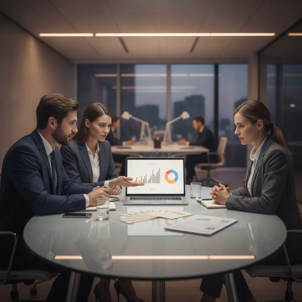 Reunião de decisores avaliando dados de pipeline de vendas em laptop em ambiente corporativo moderno